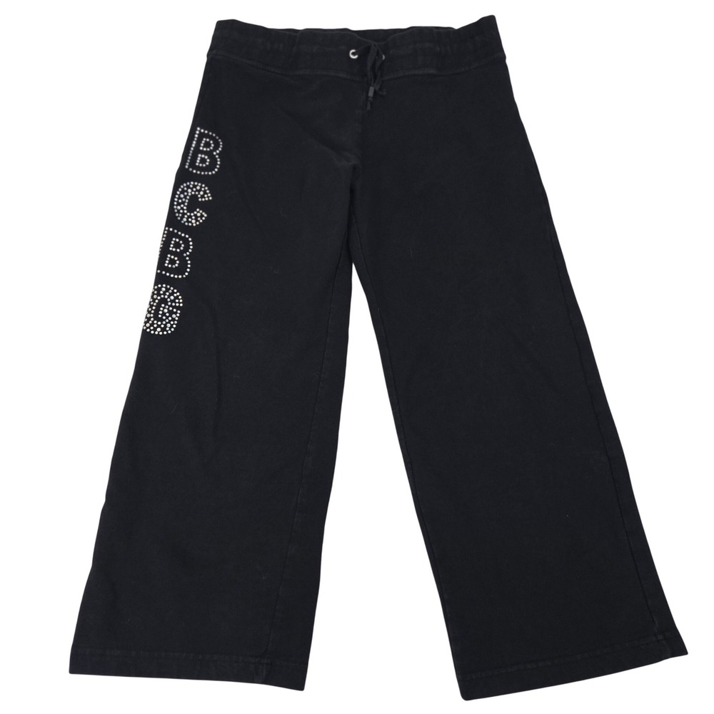 BCBGMAXAZRIA Cropped Pants Women's Medium Black Rhinestone‎ Bling Logo Y2K Capri